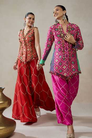 Nitika Gujral_Fuchsia Silk, Chanderi, Satin, Shantoon Patola Pattern Jacket And Salwar Set _Online