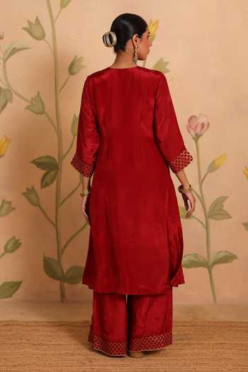 Shop_Pouli Pret_Red Silk, Organza, Voile Embroidery, Sequins, Zari, Mirrors Sheesh Kurta Set _at_Aza_Fashions