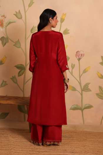 Shop_Pouli Pret_Red Silk, Cotton, Organza, Voile Embroidery, Sequins, Kamla Zardozi Kurta Set _at_Aza_Fashions
