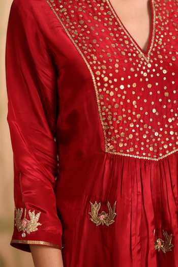 Buy_Pouli Pret_Red Silk, Cotton, Organza, Voile Embroidery, Sequins, Kamla Zardozi Kurta Set _Online_at_Aza_Fashions