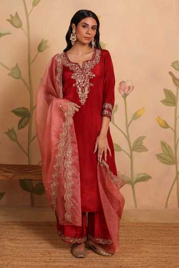 Buy_Pouli Pret_Red Silk, Cotton, Organza, Voile Zari Split Gazal Zardozi Embroidered Kurta Set _at_Aza_Fashions