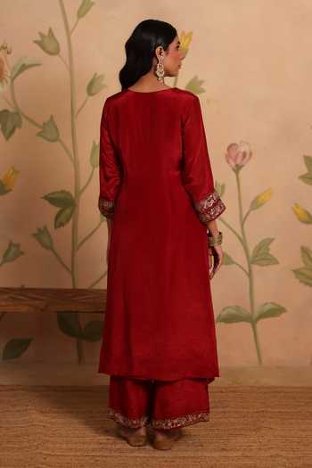 Shop_Pouli Pret_Red Silk, Cotton, Organza, Voile Zari Split Gazal Zardozi Embroidered Kurta Set _at_Aza_Fashions