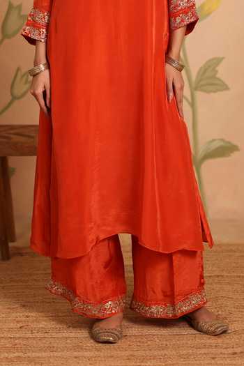 Shop_Pouli Pret_Orange Silk, Organza, Voile Embroidery, Zari V-neck, Yes Gazal Dori Kurta Set _Online_at_Aza_Fashions