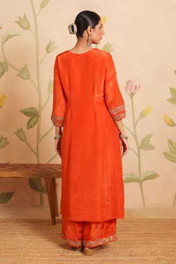 Shop_Pouli Pret_Orange Silk, Organza, Voile Embroidery, Zari V-neck, Yes Gazal Dori Kurta Set _at_Aza_Fashions