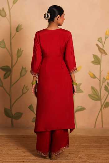 Shop_Pouli Pret_Red Silk, Organza, Cotton, Voile Zari, Zardozi Ashna Embroidered Kurta Set _at_Aza_Fashions