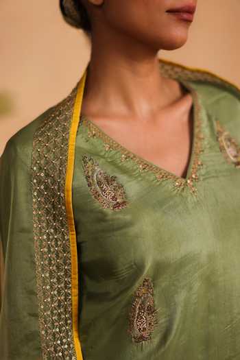 Shop_Pouli Pret_Green Silk, Organza, Cotton, Voile Embroidery, Zari Ashna Kurta Set _Online_at_Aza_Fashions