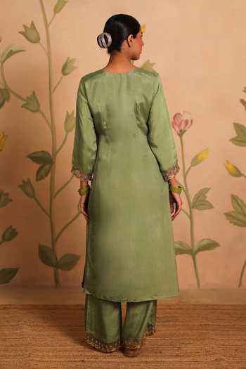 Shop_Pouli Pret_Green Silk, Organza, Cotton, Voile Embroidery, Zari Ashna Kurta Set _at_Aza_Fashions