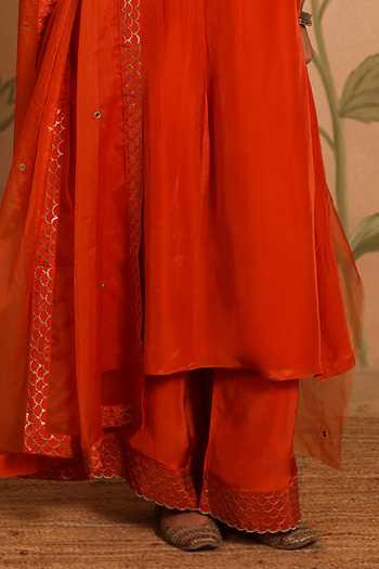 Pouli Pret_Orange Silk, Organza Mirrors, Sequins, Zari Sheesh Embroidered Kurta Set _Online_at_Aza_Fashions