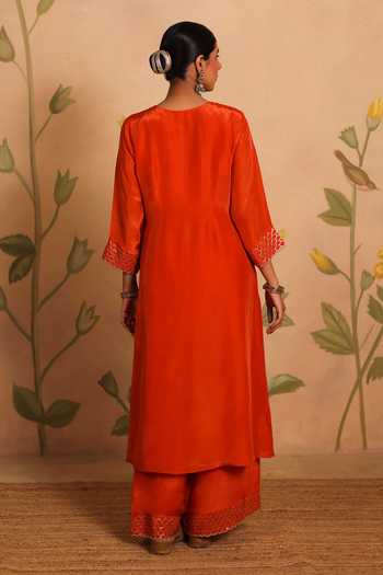 Shop_Pouli Pret_Orange Silk, Organza Mirrors, Sequins, Zari Sheesh Embroidered Kurta Set _at_Aza_Fashions