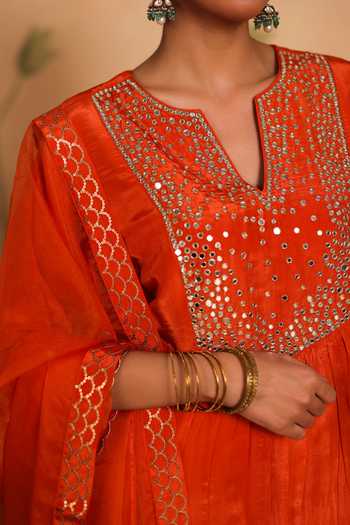 Shop_Pouli Pret_Orange Silk, Organza Mirrors, Sequins, Zari Sheesh Embroidered Kurta Set _Online_at_Aza_Fashions
