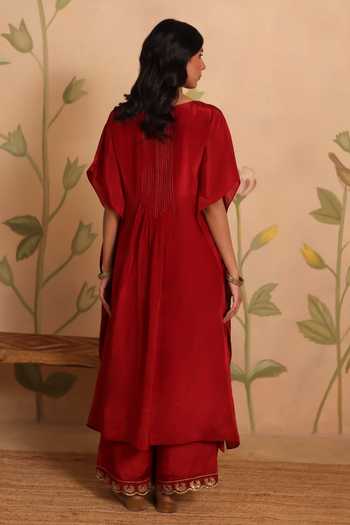 Shop_Pouli Pret_Red Silk, Cotton Embroidery, Zari, Mirrors Pankaja Zardozi Kaftan And Pant Set _at_Aza_Fashions