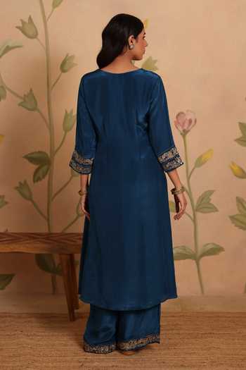 Shop_Pouli Pret_Blue Silk, Organza, Voile Embroidery, Zari V-neck Gazal Kurta Set _at_Aza_Fashions