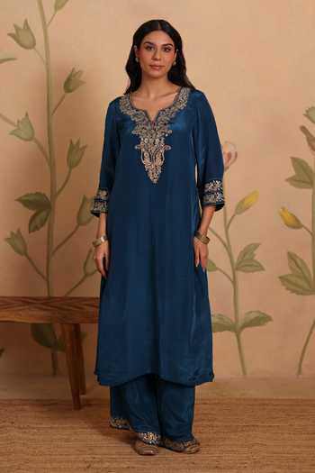 Buy_Pouli Pret_Blue Silk, Organza, Voile Embroidery, Zari V-neck Gazal Kurta Set _Online_at_Aza_Fashions