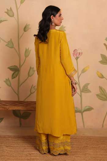 Shop_Pouli Pret_Yellow Silk, Organza, Voile Embroidery, Sequins, Zari, Mirrors Zohra Kurta Set _at_Aza_Fashions