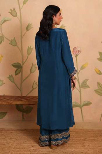 Shop_Pouli Pret_Blue Silk, Organza, Cotton, Voile Embroidery, Sequins, Zohra Zardozi Kurta Set _at_Aza_Fashions