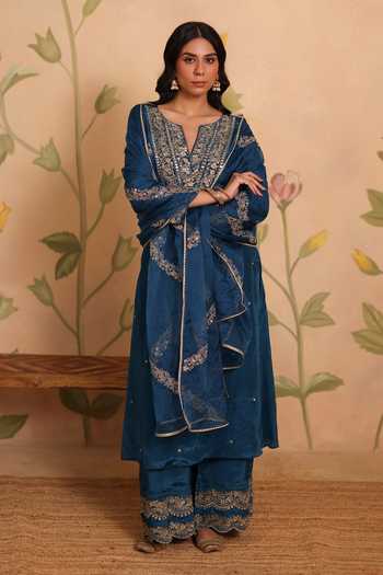 Pouli Pret_Blue Silk, Organza, Cotton, Voile Embroidery, Sequins, Zohra Zardozi Kurta Set _at_Aza_Fashions