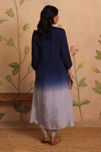 Shop_Pouli Pret_Blue Silk, Cotton, Muslin, Voile Embroidery, Zari Naaz Kurta And Dhoti Pant Set _at_Aza_Fashions