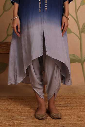 Buy_Pouli Pret_Blue Silk, Cotton, Muslin, Voile Embroidery, Zari Naaz Kurta And Dhoti Pant Set _Online_at_Aza_Fashions