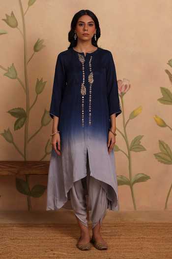 Pouli Pret_Blue Silk, Cotton, Muslin, Voile Embroidery, Zari Naaz Kurta And Dhoti Pant Set _at_Aza_Fashions