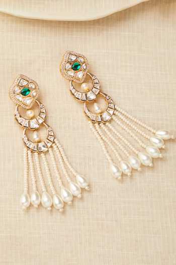 Shop_Xago_Green Pearls, Stones, Tassels Handcrafted Kundan And Earrings _at_Aza_Fashions