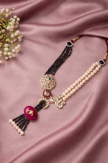 Shop_Xago_Pink Beads, Pearls, Stones Kundan Polki Moissanite Pendant Necklace _at_Aza_Fashions