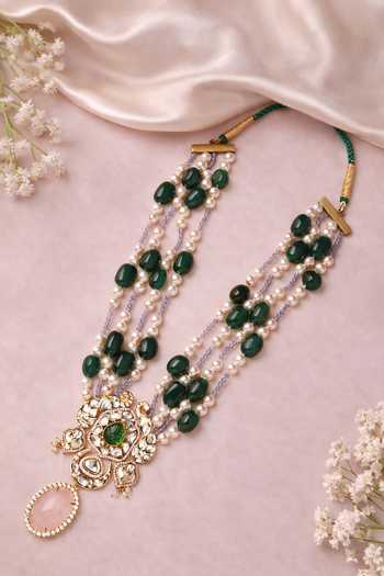 Shop_Xago_Pink Beads, Pearls, Stones Polki Moissanite Pendant Layered Necklace _at_Aza_Fashions