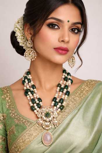 Buy_Xago_Pink Beads, Pearls, Stones Polki Moissanite Pendant Layered Necklace _at_Aza_Fashions