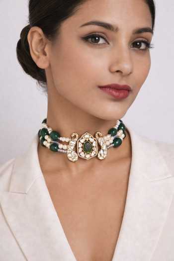 Buy_Xago_Green Kundan Polki Moissanite Choker _at_Aza_Fashions