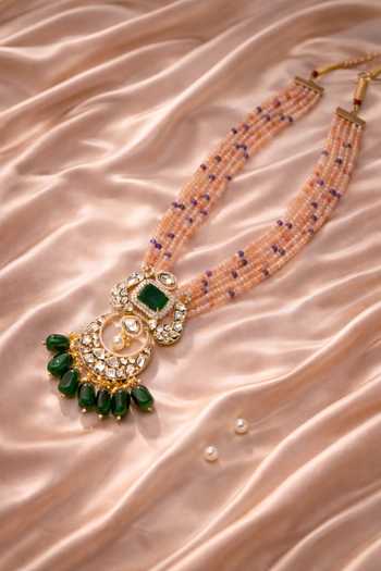 Shop_Xago_Pink Beads, Pearls, Stones, Kundan Polki Moissanite Necklace _at_Aza_Fashions