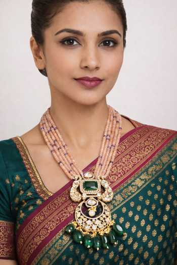 Buy_Xago_Pink Beads, Pearls, Stones, Kundan Polki Moissanite Necklace _at_Aza_Fashions