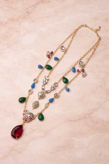 Shop_Xago_Green Beads, Stones Polki Moissanite Pendant Layered Necklace _at_Aza_Fashions