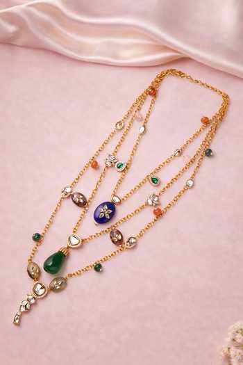Shop_Xago_Green Beads, Pearls, Stones Polki Moissanite Layered Necklace _at_Aza_Fashions
