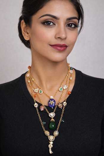 Buy_Xago_Green Beads, Pearls, Stones Polki Moissanite Layered Necklace _at_Aza_Fashions