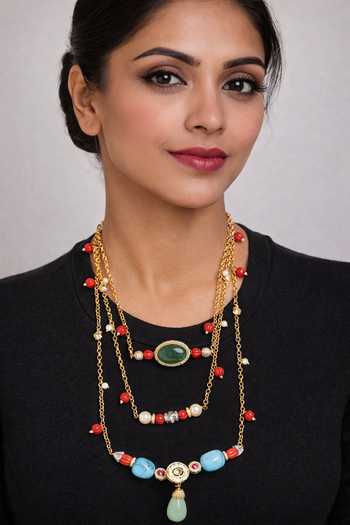 Buy_Xago_Green Beads, Pearls, Stones Beaded Multi Layered Necklace _at_Aza_Fashions