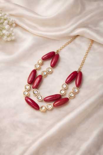 Shop_Xago_Pink Beads, Pearls, Stones And Polki Studded Layered Necklace _at_Aza_Fashions