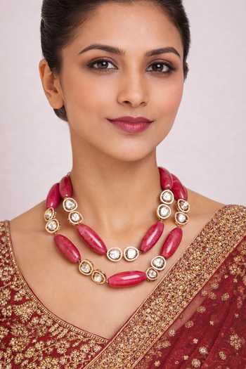Buy_Xago_Pink Beads, Pearls, Stones And Polki Studded Layered Necklace _at_Aza_Fashions