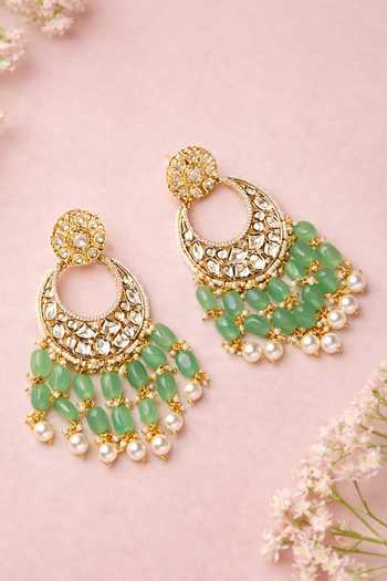 Shop_Xago_Green Beads, Pearls, Stones Drop Chandbali Earrings _at_Aza_Fashions