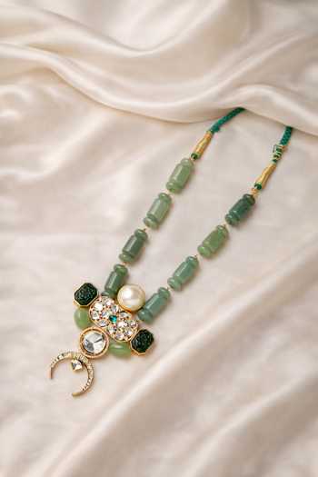 Shop_Xago_Green Beads, Pearls, Stones Kundan Polki Moissanite Chand Pendant Necklace _at_Aza_Fashions