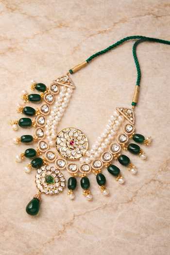 Shop_Xago_Green Beads, Pearls, Stones, Mirrors Polki Moissanite Embellished Choker _at_Aza_Fashions