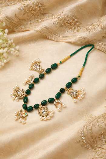 Shop_Xago_Green Beads, Pearls, Stones Polki Moissanite Motif Necklace _at_Aza_Fashions