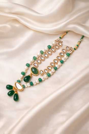 Shop_Xago_Green Beads, Pearls, Stones Kundan Polki Moissanite Pendant Necklace _at_Aza_Fashions