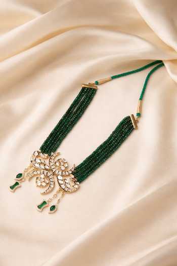 Shop_Xago_Green Beads, Pearls, Stones Polki Moissanite Motif Beaded Layered Necklace _at_Aza_Fashions