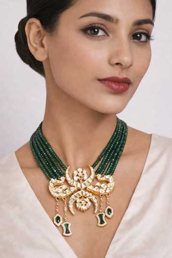 Buy_Xago_Green Beads, Pearls, Stones Polki Moissanite Motif Beaded Layered Necklace _at_Aza_Fashions