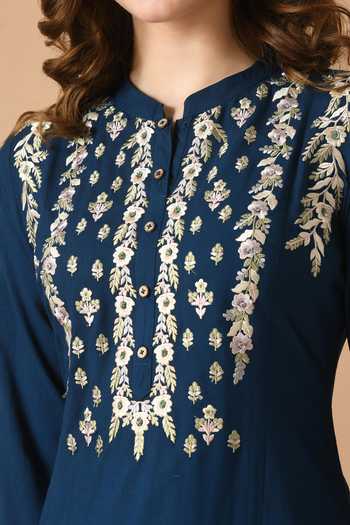 Jhambthreads_Blue Cotton, Rayon Embroidery Mandarin Collar Kurta And Pant Set _Online_at_Aza_Fashions