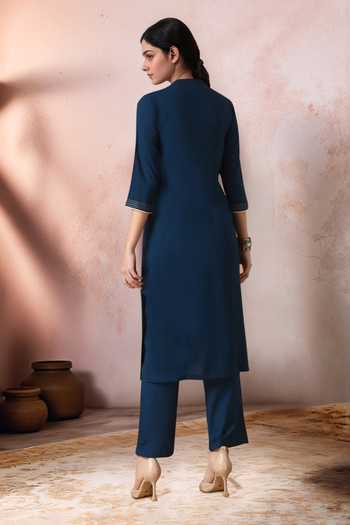 Shop_Jhambthreads_Blue Cotton, Rayon Embroidery Mandarin Collar Kurta And Pant Set _at_Aza_Fashions
