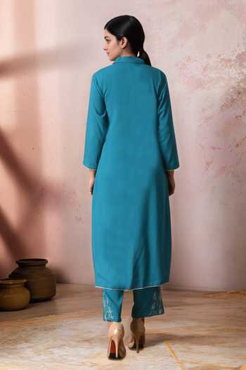 Shop_Jhambthreads_Blue Cotton, Rayon Embroidery Collared Floral Pattern Kurta Set _at_Aza_Fashions