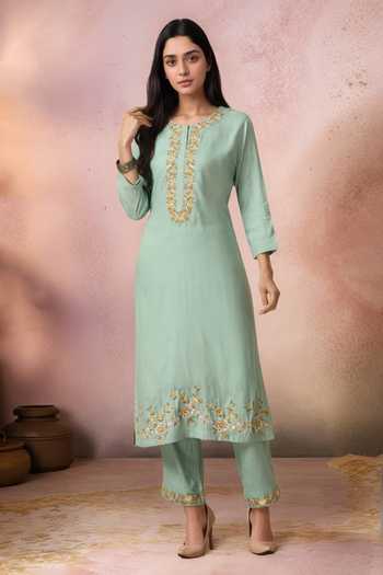 Buy_Jhambthreads_Green Cotton, Rayon Embroidery Round Neck Yoke Straight Kurta And Pant Set _at_Aza_Fashions