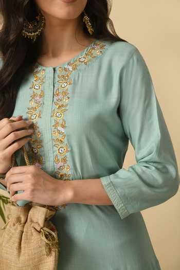 Jhambthreads_Green Cotton, Rayon Embroidery Round Neck Yoke Straight Kurta And Pant Set _Online_at_Aza_Fashions