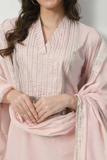 Buy_Jhambthreads_Cream Cotton, Organza Tassels V-neck Contrast Yoke Kurta Set _Online_at_Aza_Fashions