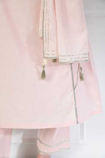 Shop_Jhambthreads_Cream Cotton, Organza Tassels V-neck Contrast Yoke Kurta Set _Online_at_Aza_Fashions